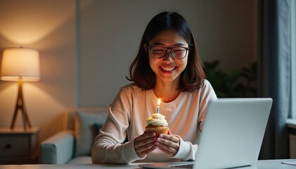 Happy Asian woman celebrating birthday with cupcake and laptop at home  