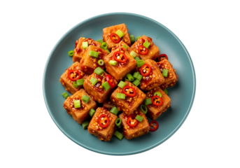 Crispy tofu cubes, glazed with a spicy sauce, adorned with green onions and red chili peppers, are arranged attractively on a teal-colored plate.