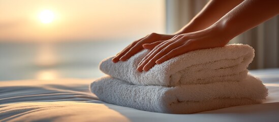 Elegant Woman’s Hands Arranging Fluffy Towels on Mattress in Cozy Bedroom with Seaside Sunset