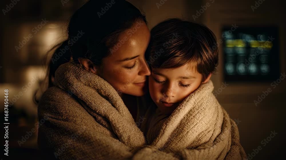 Poster medium shot of a parent wrapping a blanket around the child both bathed in warm indoor light with a 