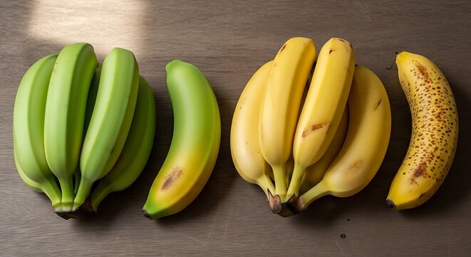 Stages of banana ripening green to yellow and brown fruit on textured surface