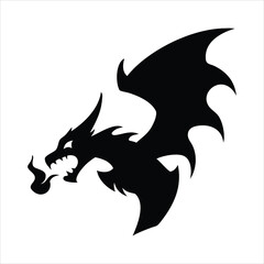 Black silhouette of a dragon breathing fire with wings spread wide
