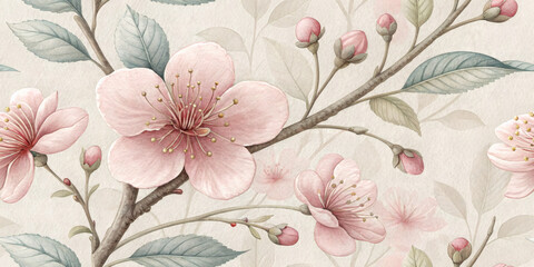 Elegant cherry blossom artwork with soft watercolour petals and delicate leaves, perfect for floral wallpaper, colouring book pages, or decorative background use.