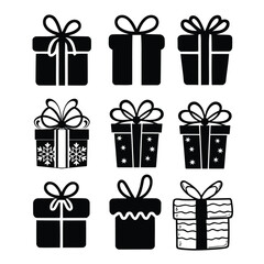 Christmas gifts set collection pack black shape icon silhouette vector flat illustration design on white background