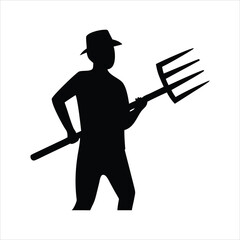 Silhouette of a farmer holding a pitchfork wearing a hat