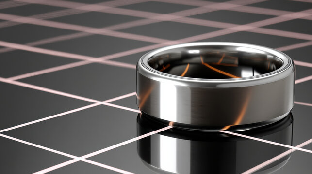 Silver smart ring with holographic orange lines hovering above black reflective grid surface, modern industrial design and cinematic lighting convey sleek futuristic elegance - Powered by Adobe