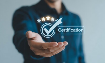 Businessman presenting digital certification icon with check mark and stars, ideal for illustrating professional qualifications and business accreditation concepts
