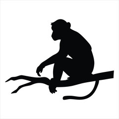 Silhouette of a monkey sitting on a tree branch against a white background