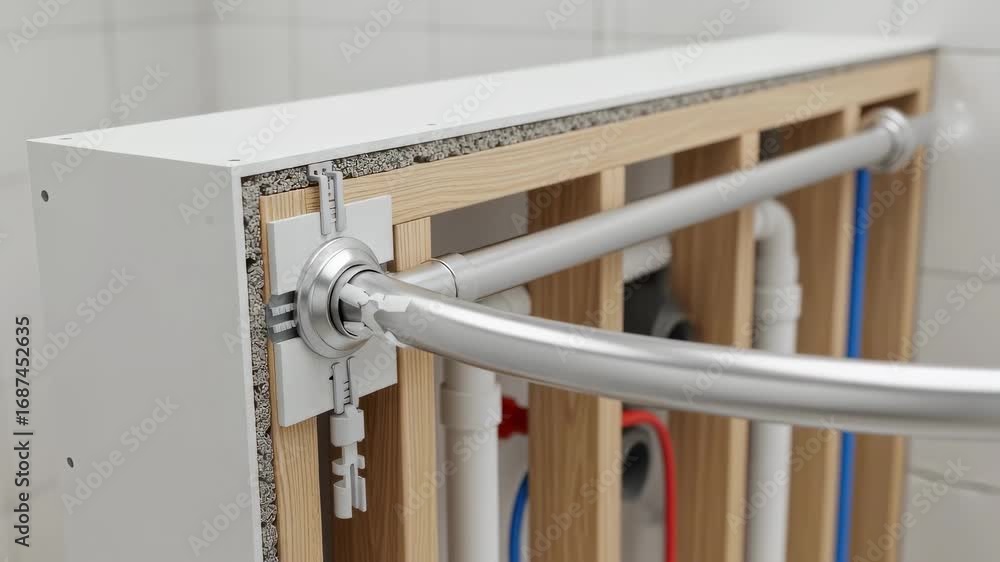 Poster crosssectional view of drywall showing anchor embedded to hold curved shower rod explaining structur