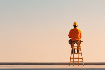 Obraz premium worker on stool gazes at serene horizon, embracing tranquility a