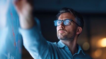 Focused professional analyzing data on digital display with thou