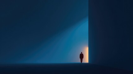 Fototapeta premium Mysterious figure stands alone in dimly lit space, illuminated d