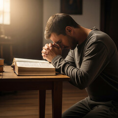 Fototapeta premium young man reading a book. an open book of ancient teachings.