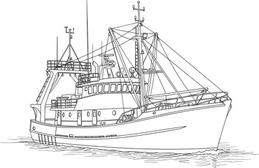 Fishing vessel line drawing, commercial trawler illustration, detailed boat design, maritime equipment, ocean fishing ship, nautical blueprint, vector art, marine industry