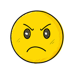 Fototapeta premium Hand-drawn yellow emoji face showing hate or anger. Rough sketch style with bold black outlines. Exaggerated angry eyes, furrowed brows, and frowning mouth. Simple, cartoon-like, minimal shading. Flat