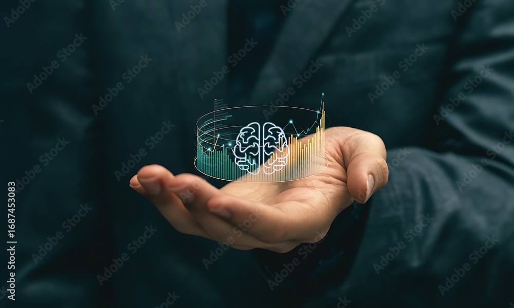 Poster holographic brain with analytics data visualization hovering above hand, ideal for illustrating arti