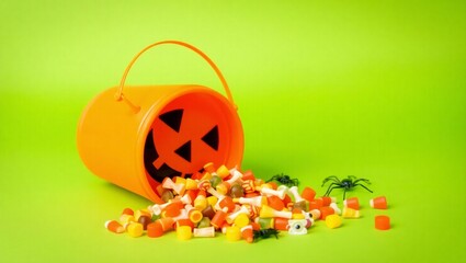 Orange halloween pumpkin bucket spilling candy corn and treats on a green background