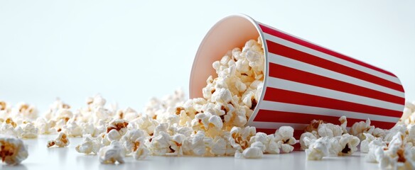 The spilled popcorn cup with scattered kernels on a white surface.