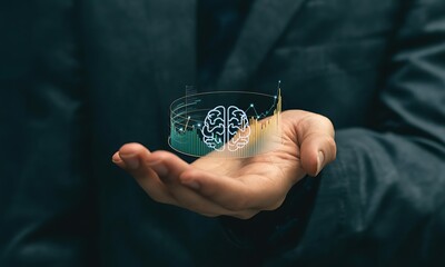 Holographic brain with analytics data visualization hovering above hand, ideal for illustrating artificial intelligence, innovation, and business technology concepts