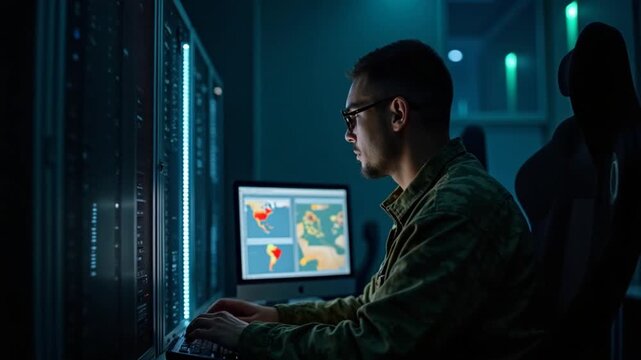 Vertical Army specialists in server room use advanced AI tools to review reconnaissance information. Military data center staff members run AI powered systems to help prepare for missions, camera B