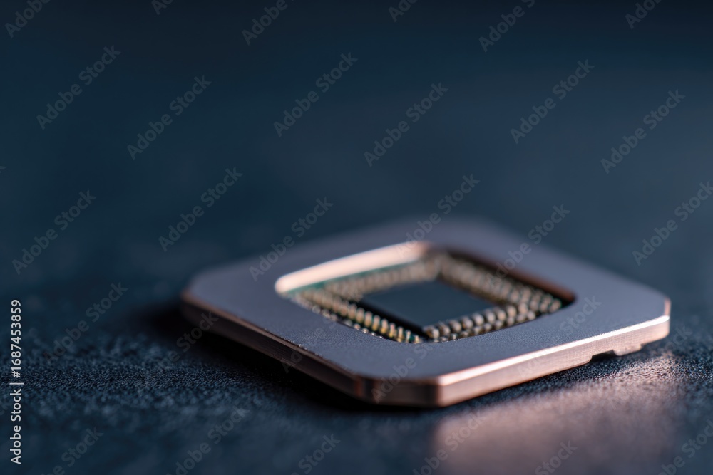 Poster shiny microchip resting on dark surface, showcasing intricate de