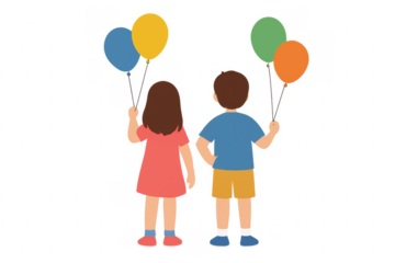Two children holding balloons on transparent background, rear view