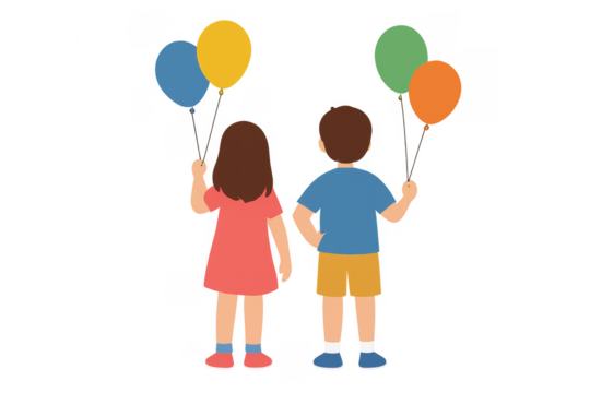 Two children holding balloons on transparent background, rear view - Powered by Adobe