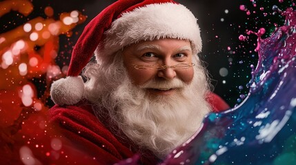 Jolly Santa Claus with a sparkling smile, surrounded by an artistic explosion of colorful light and vibrant liquid, radiating the magic and joy of the holiday season