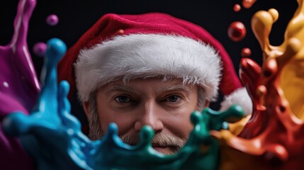 Santa Claus surrounded by colorful paint splashes, celebrating Christmas with a vibrant artistic touch
