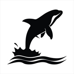 Black silhouette of an orca whale leaping from stylized ocean waves