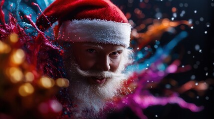 Dynamic abstract portrait of a festive winter character with a white beard and red hat, engulfed by vibrant swirling colors and shimmering particles, evoking magical celebration