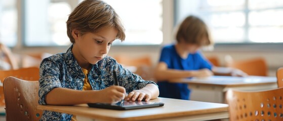 The focused child using a tablet in a modern classroom setting.