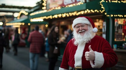 Jovial Santa Claus Bringing Holiday Cheer to a Festive Christmas Market, Spreading Seasonal Happiness with a Warm Smile and Positive Gesture