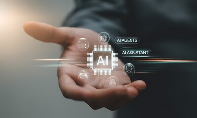 Futuristic AI interface with virtual assistant and agent icons hovering above open hand, ideal for illustrating artificial intelligence and digital technology concepts