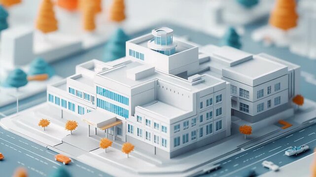 Modern hospital building in a miniature city with cars driving on roads