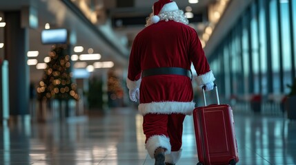 Santa Claus with luggage walking in an airport terminal, Christmas travel concept
