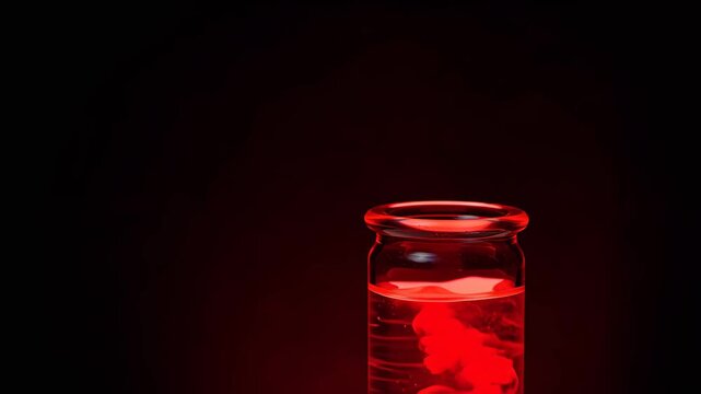 Glass jar filled with glowing red fluid. Halloween potion copy space for text background