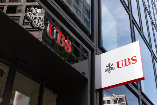 Zurich, Switzerland - 25th June 2025: Entrance to the office of UBS in the Europaallee. UBS bank signs on the exterior of a modern office building. Financial services and corporate architecture.