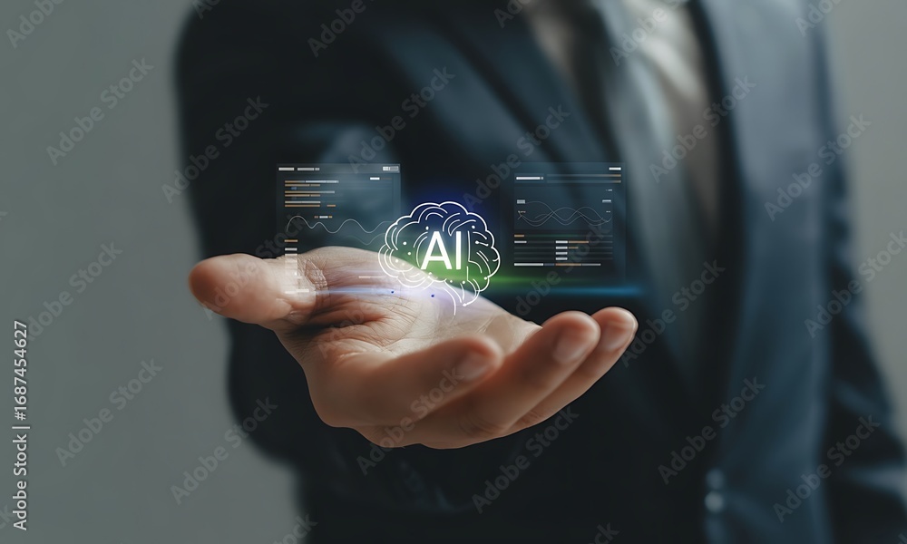 Poster businessman holding holographic ai brain icon with data analytics interface, ideal for illustrating 