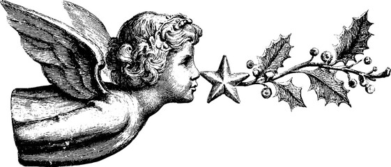 Vintage engraving of angel figurine with holly and star motif