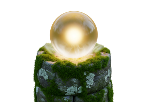 Glowing orb atop a mossy stone structure, radiating warm light against a dark background.