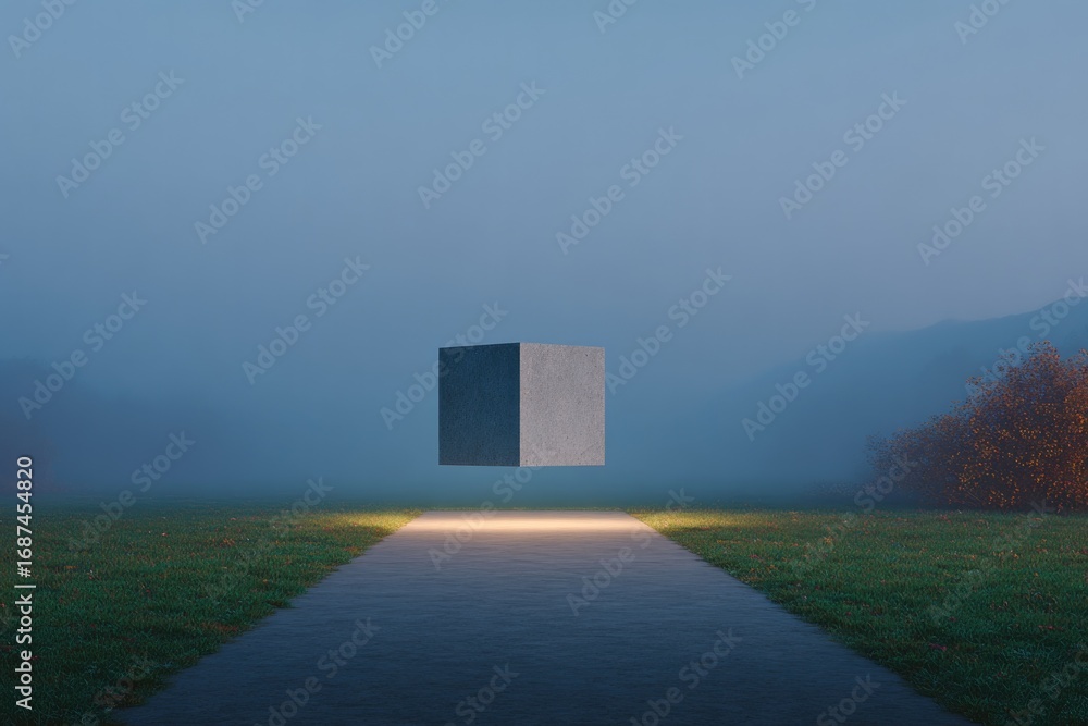 Poster mysterious floating cube illuminated in foggy landscape evokes i