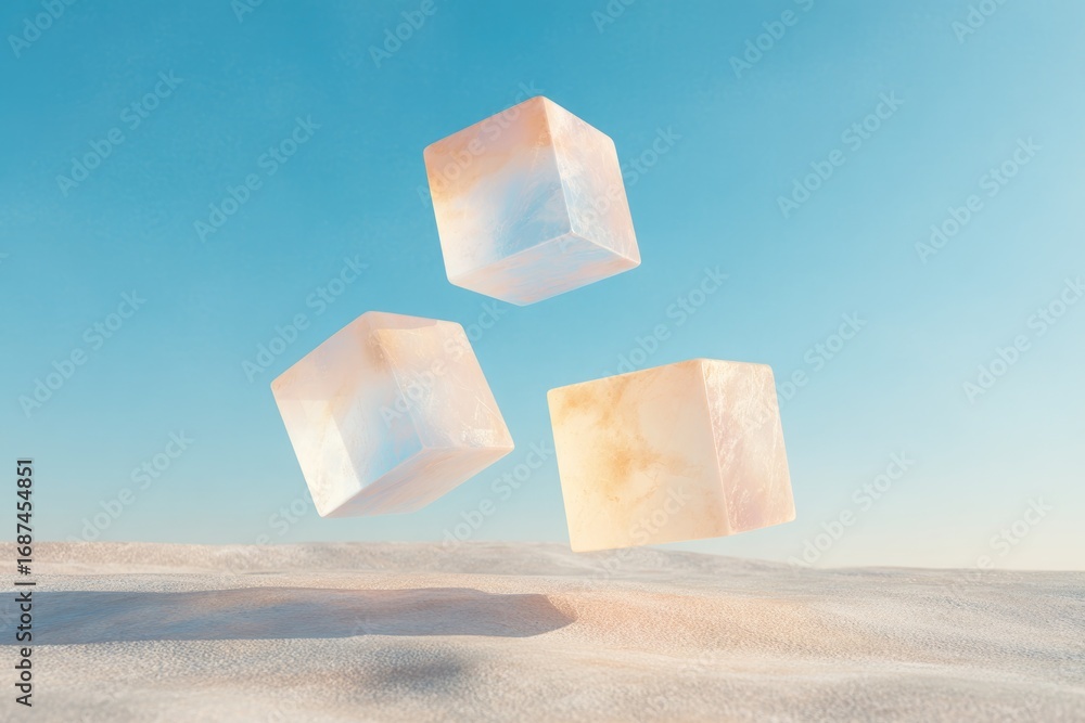 Poster floating translucent cubes create surreal atmosphere against cle