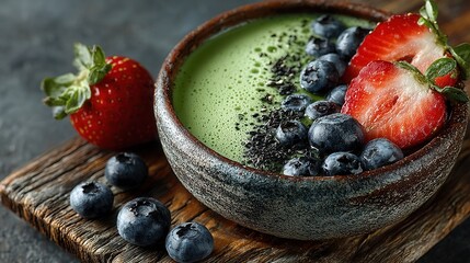 Rustic composition of green smoothie bowl with fresh ingredients