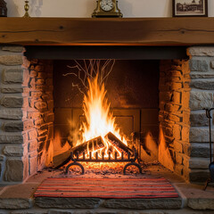 fireplace with burning logs. Roaring fire in a stone fireplace on a snowy winter night in a  cozy living room.