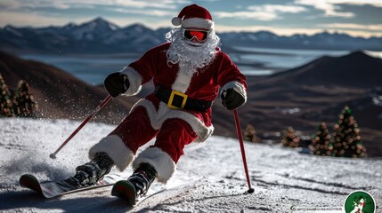 Santa Claus Skiing Downhill in Snowy Mountain Landscape with Scenic Background