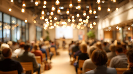 business seminar room blurred background filled with people attending speech corporate professional meeting workshop training session networking leadership discussion learning conference