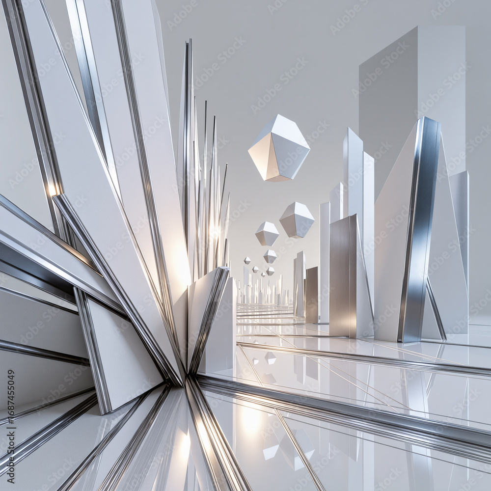 Poster a futuristic environment showcases metallic textures and reflective surfaces. geometric shapes float