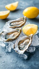 Fresh oysters on ice with lemon slices