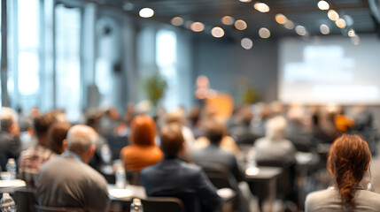 Fototapeta premium business seminar room blurred background filled with people attending speech corporate professional meeting workshop training session networking leadership discussion learning conference